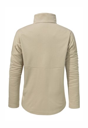 Beige Fleece-Oberteil mit langen Ärmeln und Stehkragen, glatter Textur und Nahtdetails auf der Rückseite, entworfen für Komfort und Wärme.
