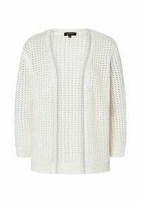 Witte gebreide cardigan met een open voorkant, voorzien van een gestructureerd, geperforeerd ontwerp en ribbels aan de manchetten en de zoom. Zomerse, lichte stof.