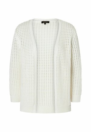 Weißer gestrickter Cardigan mit offenem Vorderteil, ausgestattet mit einem strukturierten, durchbrochenen Design sowie gerippten Bündchen und Saum. Sommerlicher, leichter Stoff.