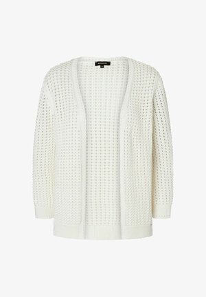Witte gebreide cardigan met een open voorkant, voorzien van een gestructureerd, geperforeerd ontwerp en ribbels aan de manchetten en de zoom. Zomerse, lichte stof.