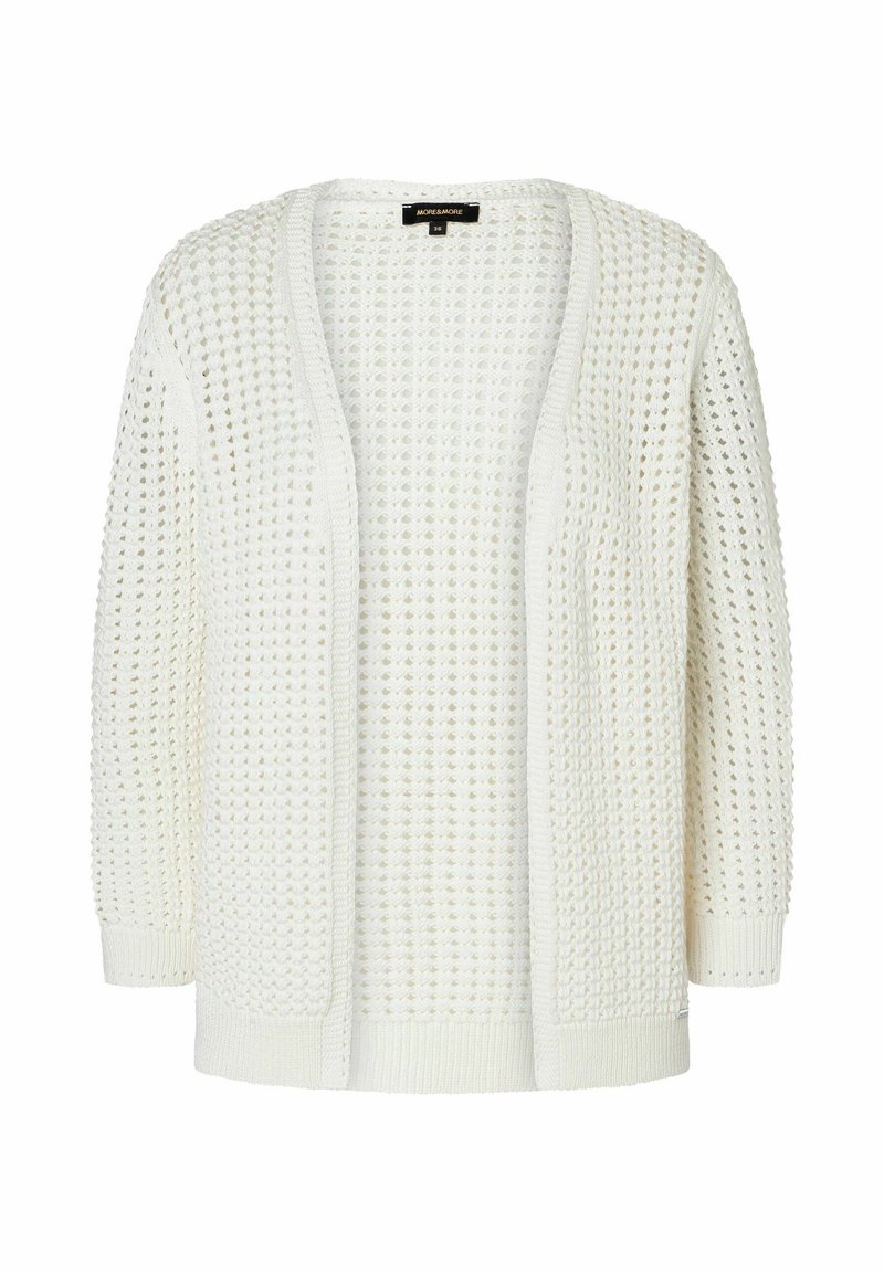 Witte gebreide cardigan met een open voorkant, voorzien van een gestructureerd, geperforeerd ontwerp en ribbels aan de manchetten en de zoom. Zomerse, lichte stof.