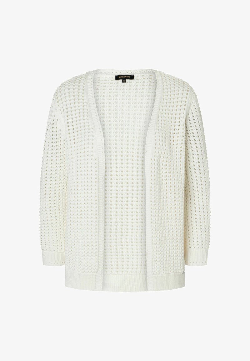 Weißer gestrickter Cardigan mit offenem Vorderteil, ausgestattet mit einem strukturierten, durchbrochenen Design sowie gerippten Bündchen und Saum. Sommerlicher, leichter Stoff.