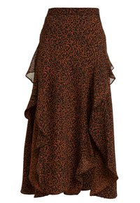 Jupe midi en imprimé léopard orange et noir, avec un ourlet volanté et un design superposé pour plus de texture. Tissu doux et fluide.