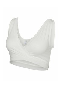 White wrap-style bra with a V-neck design, features lace trim along the neckline and armholes, made from soft, stretchable fabric.