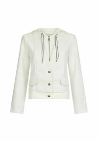 Veste blanche texturée à manches longues, poches à rabat à l'avant, boutons dorés et capuche attachée avec cordons bordés de noir et fermeture éclair.