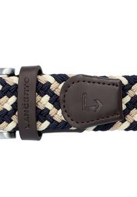Spleciony pasek w kolorach granatowym, kremowym i beżowym. Zawiera brązowe skórzane akcenty oraz szczegóły z logo. Zapięcie na klamrę w kolorze srebrnym.