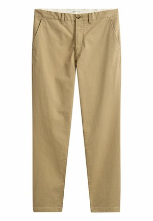 Pantalones casuales beige de pierna recta con bolsillos laterales, trabillas para cinturón, cierre de botón y cremallera, fabricados por la marca GANT.