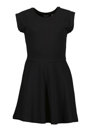 Czarna sukienka z krótkim rękawem, wykonana z miękkiego materiału; dopasowana góra z rozkloszowanym dołem, okrągły dekolt i czyste wykończenie. Prosty i uniwersalny design.