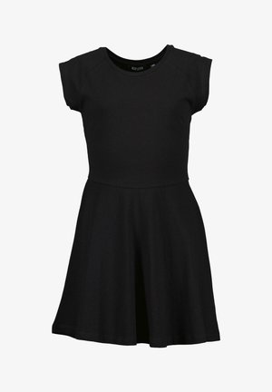 Abito nero a maniche corte realizzato in tessuto morbido; corpetto aderente con gonna a ruota, scollo rotondo e orlo pulito. Design semplice e versatile.