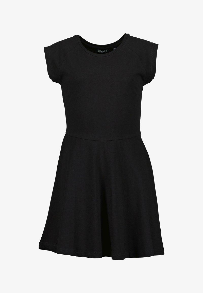 Schwarzes Kurzarmkleid aus weichem Stoff; taillierter Oberteil mit weit schwingendem Rock, runder Ausschnitt und sauberem Saum. Einfaches und vielseitiges Design.