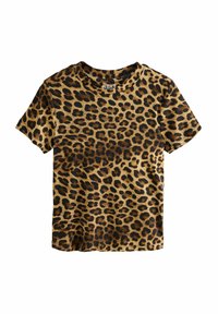 Leopardenmuster-T-Shirt mit kurzen Ärmeln, das über eine gerippte Textur, eine braun-schwarze Farbgebung und einen runden Ausschnitt verfügt. Markenlabel sichtbar.