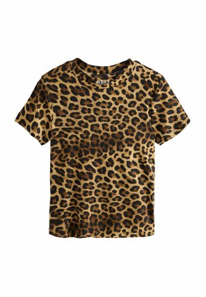 T-shirt a maniche corte con stampa leopardata, caratterizzata da una texture a coste, combinazione di colori marrone e nero e scollatura tonda. Etichetta del brand visibile.