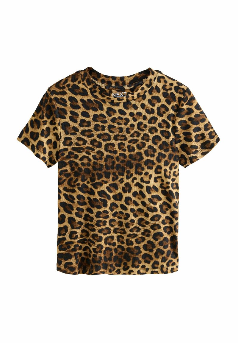 Leopardenmuster-T-Shirt mit kurzen Ärmeln, das über eine gerippte Textur, eine braun-schwarze Farbgebung und einen runden Ausschnitt verfügt. Markenlabel sichtbar.