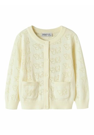 Krémový pletený detský sveter so vzorom motýľa, s gombíkmi vpredu, rebrovanými okrajmi a dvomi prednými vreckami.