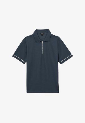 Jūrų pereklas su trumpomis rankovėmis, pusiau užtrauktuku, toniniu siuvimu ir kontrastinga balta juostele aplink rankovių kraštus.