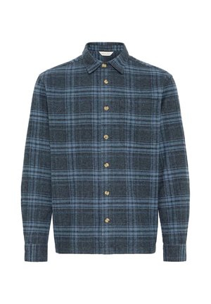 Chemise en flanelle à carreaux bleu foncé avec des lignes bleu clair, dotée d'une fermeture boutonnée à l'avant et d'une poche poitrine. Fabriquée en tissu texturé.