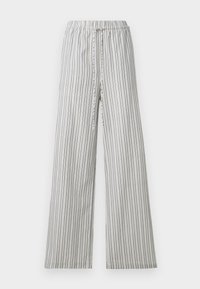 Pantaloni leggeri a gamba larga con vita elastica. Strisce verticali grigie e bianche, tessuto morbido e vestibilità rilassata. Senza tasche né accessori.