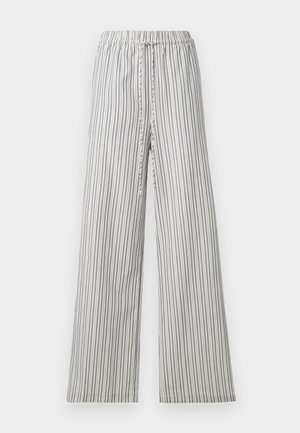 Könnyű, bő szárú nadrág elasztikus derékkal. Függőleges szürke és fehér csíkok, puha anyag és laza fazon. Nincsenek zsebek vagy fém elemek.