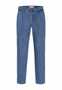 Pantalones de mezclilla azul claro con un corte relajado, presentan una cintura alta, dos pliegues frontales y un dobladillo con vuelta. Cierre simple de botón y cremallera.