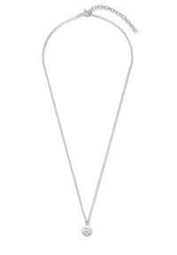 Zilveren ketting met een delicate, gedraaide schakel en een gestructureerde, ronde hanger. Verstelbare lengte met een karabijnhaaksluiting.