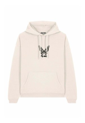 Lichtbeige hoodie van zachte stof, met een voorzak en een zwarte vlinderafbeelding met de tekst "fly away". Ribgebreide manchetten en zoom.