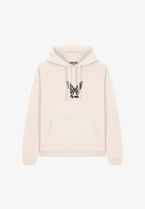 Hoodie color beige chiaro realizzato in morbido materiale, con tasca frontale e grafica di una farfalla nera con la scritta "fly away". Polsini e orlo a coste.