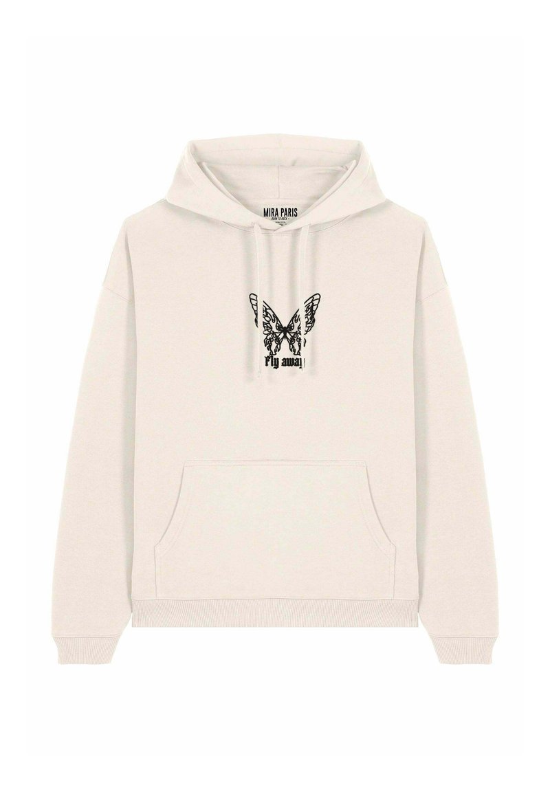 Hoodie color beige chiaro realizzato in morbido materiale, con tasca frontale e grafica di una farfalla nera con la scritta "fly away". Polsini e orlo a coste.