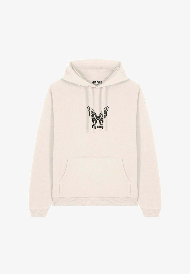 Hoodie color beige chiaro realizzato in morbido materiale, con tasca frontale e grafica di una farfalla nera con la scritta "fly away". Polsini e orlo a coste.