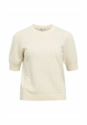 Krémový krátký svetr z pleteniny s texturovaným vzorem, žebrovaným kulatým výstřihem, manžetami a lemem, zobrazený na bílém pozadí.