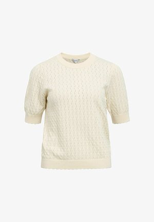 Jersey de punto de manga corta color crema con patrón texturizado, cuello redondo, puños y dobladillo acanalados, presentado sobre un fondo blanco.