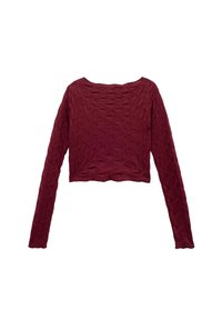Rode langarmige crop top van textuurstof met een gelaagd patroon. Boothals en aansluitende mouwen, zoom eindigt op de taille.