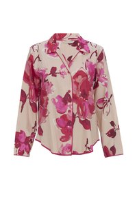 Bloemige overhemd met knopen op een beige achtergrond, met grote roze en rode bloemenpatronen, lange mouwen en contrasterende roze biezen.