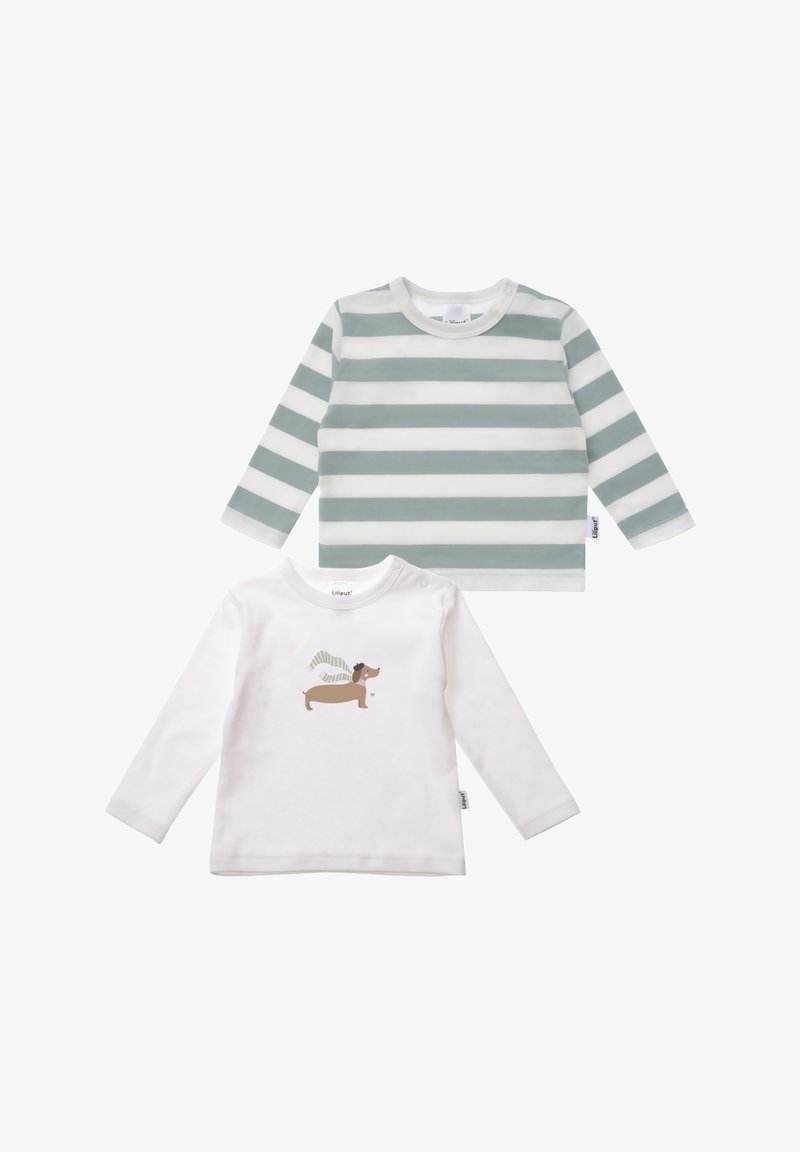 Long-sleeve shirts: one with green and white stripes, the other in white with a dachshund graphic. Made from soft, breathable cotton.