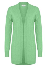 Jasnozielony kardigan rozpinany z długim rękawem, z prążkowanymi mankietami i prostym dołem, wykonany z miękkiego materiału dzianinowego.