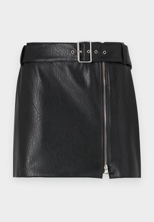Black leather mini skirt with a textured finish, features a wide belt with a silver buckle and a side zip closure.