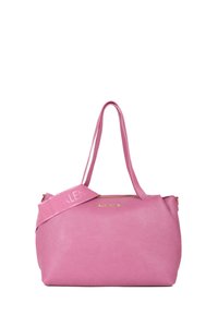 Borsa a mano in pelle rosa con forma strutturata, cerniere superiori, doppii manici a spalla e una tracolla decorativa con il logo del marchio.