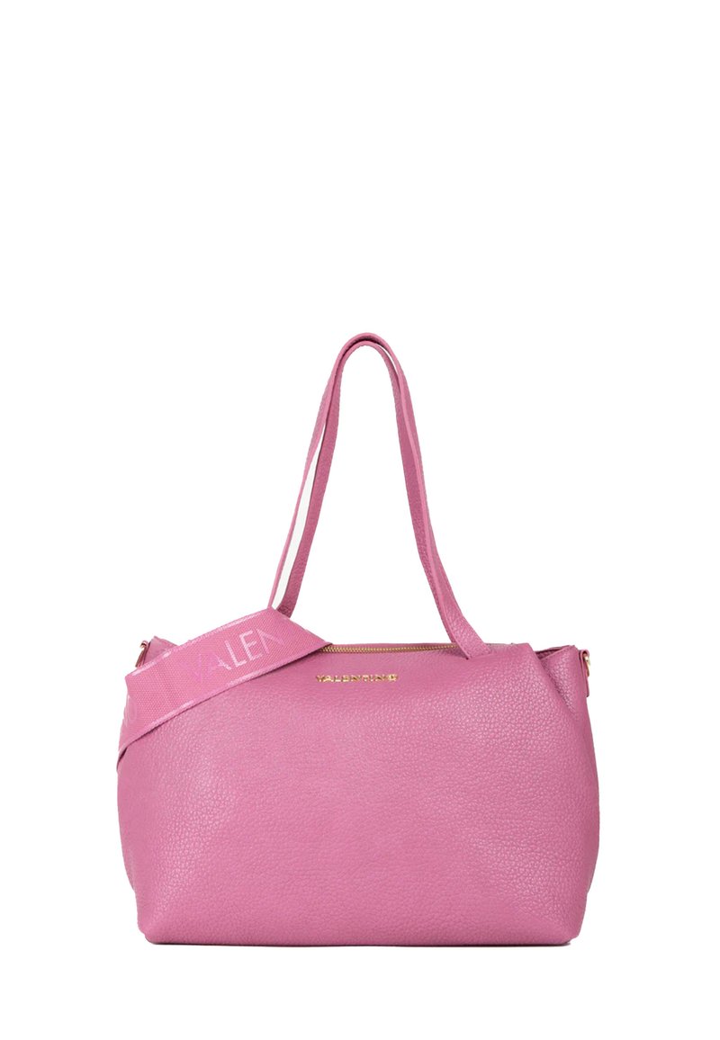 Borsa a mano in pelle rosa con forma strutturata, cerniere superiori, doppii manici a spalla e una tracolla decorativa con il logo del marchio.