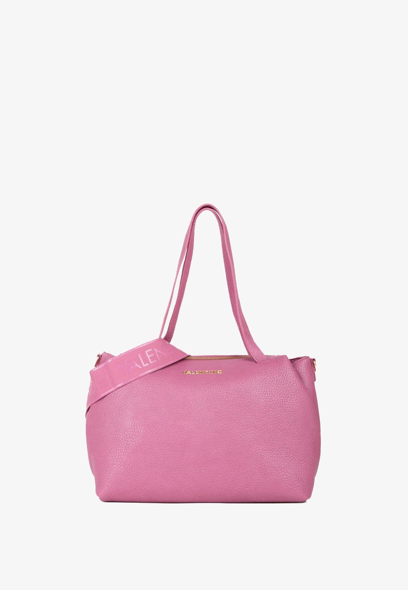 Borsa a mano in pelle rosa con forma strutturata, cerniere superiori, doppii manici a spalla e una tracolla decorativa con il logo del marchio.