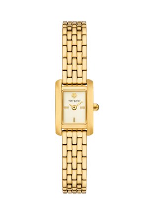 Montre rectangulaire dorée avec un bracelet en maille, dotée d'un cadran crème avec des marqueurs d'heure simples et un détail de logo.