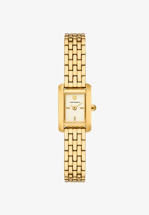 Arany színű, téglalap alakú óra, hálós karkötővel, amelynek krémszínű számlapján egyszerű órakapcsolók és egy logó található.