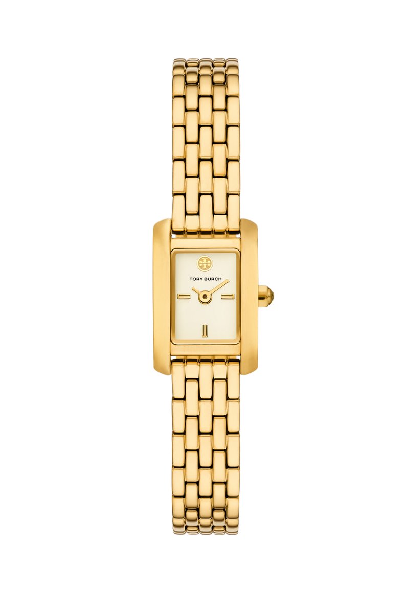 Kulta-toned suorakulmainen kello, jossa on verkkoranneke. Kellossa on kerma valkoinen kellotaulu, jossa on yksinkertaiset tuntimerkinnät ja logoyksityiskohta.