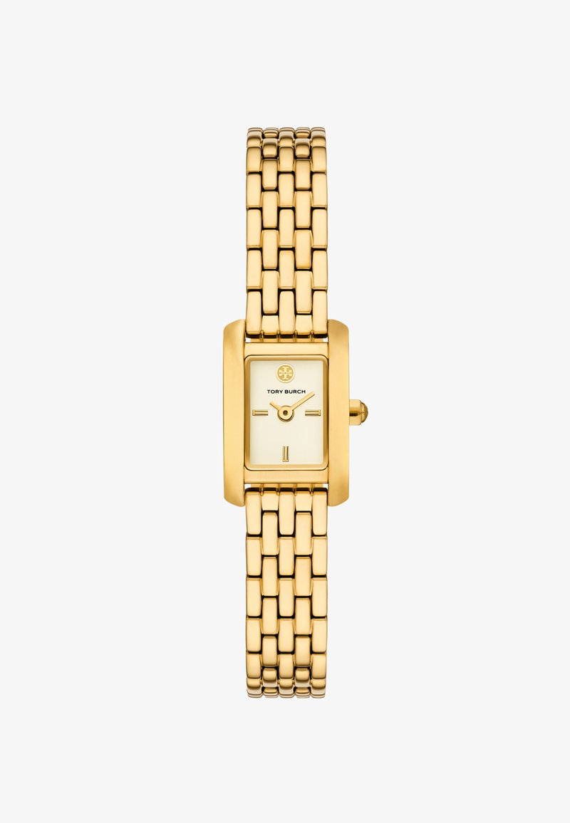 Kulta-toned suorakulmainen kello, jossa on verkkoranneke. Kellossa on kerma valkoinen kellotaulu, jossa on yksinkertaiset tuntimerkinnät ja logoyksityiskohta.