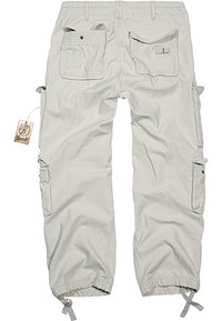 Pantalones cargo de color gris claro con múltiples bolsillos, cordones ajustables en los puños y una tela texturizada. Incluye una etiqueta de marca.