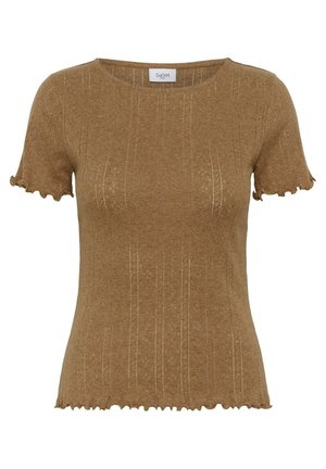 Haut en tricot marron à manches courtes avec des motifs verticaux subtils, col rond et bords froncés aux manches et à l'ourlet.