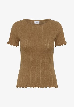 Top brun cu mâneci scurte din tricot, cu modele verticale subtile, guler rotund și margini cu volane la mâneci și tiv.