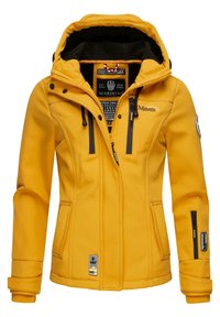 Veste softshell jaune avec capuche, dotée de fermetures éclair noires et d'accents noirs, d'une doublure en polaire à l'intérieur et de détails de logo sur la poitrine et la manche.