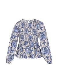 Bluse mit blau- und cremefarbenem Muster, langen Ärmeln, runder Ausschnitt, gerafftem Oberteil und schmalem, gerafftem Saum.