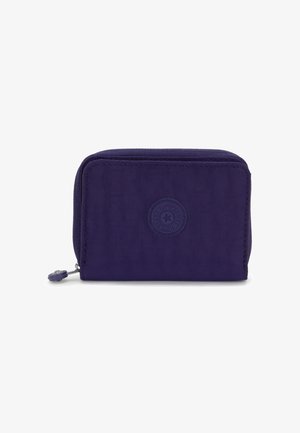 Purple zippered wallet made of fabric with a textured finish. Features a circular accent logo on the front and a silver zipper pull.
