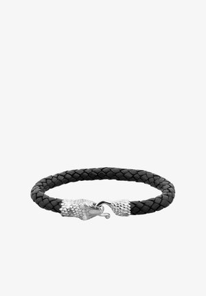 Bracelet en cuir tressé noir avec une fermeture en argent détaillée en forme de tête de dragon. Texture lisse et design circulaire.