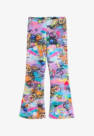 Barvite otroške hlače s risanimi jeleni, snežaki, zvezdami, bonboni in okraski v vzorcu, ki spominja na grafit.